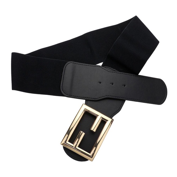 Oversized Metal Buckle Accented Elastic Statement Belt - Picture 4 of 5